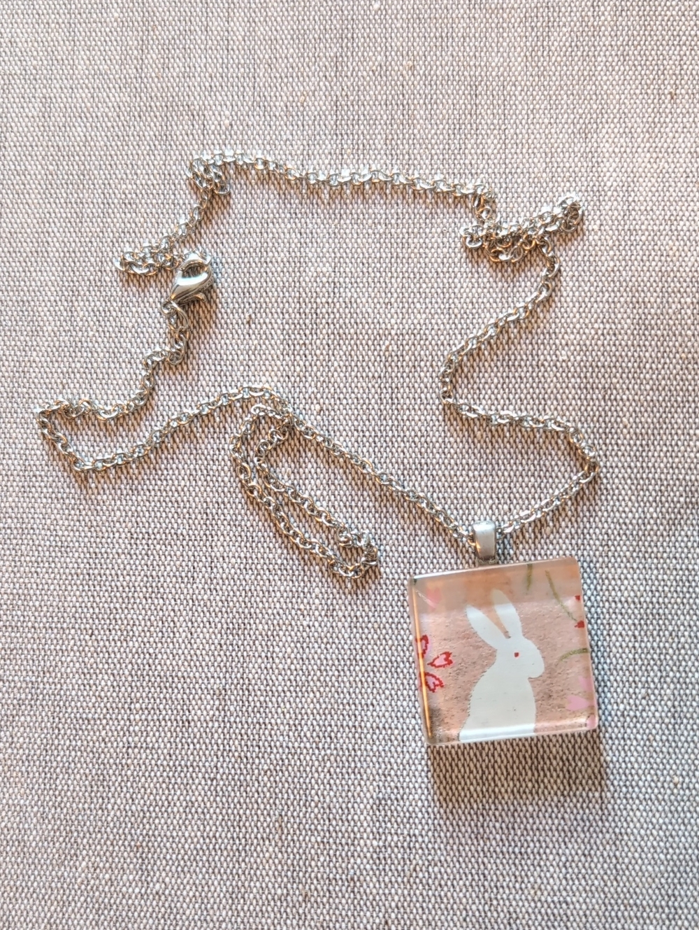 Silver Bunny Pendant Necklace in Pink
